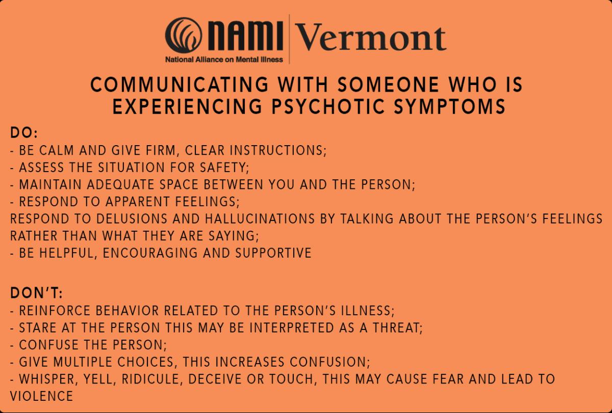 Communicating with someone who is. experiencing psychotic symptoms do's and don'ts, text on an orange background with NAMI Vermont logo