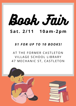 Event flyer that shows an illustration of a child reading a book next to a stack of books. The flyer reads, "Book Fair Saturday"