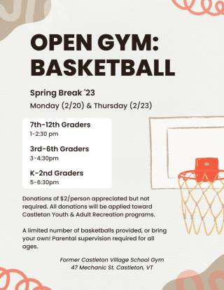 Event flyer that announces "Open Gym Basketball" with an illustrated basketball backboard behind informational text