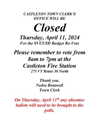 On Thursday, April 11th any absentee ballots will need to be brought to the polls. 