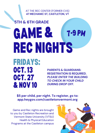 Flyer of event called "Game & Rec Nights" for 5th and 6th graders