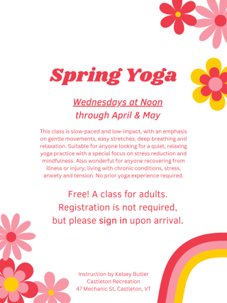 Program flyer that reads "Spring Yoga" announcing free yoga class on Wednesdays at noon through 5/31/23.
