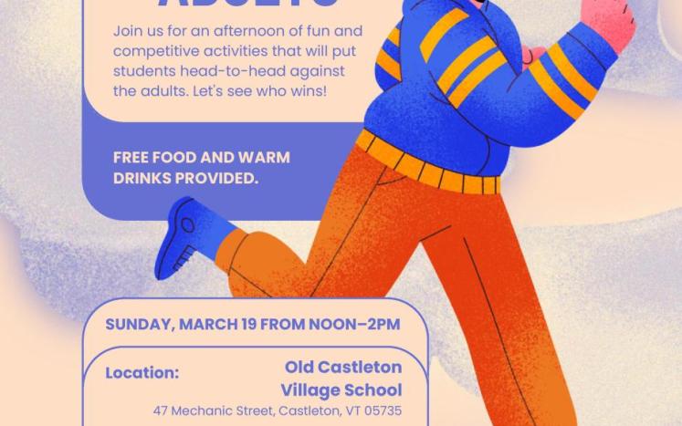 Illustrated drawing of a kid dressed warmly running through snow. Flyer announcing event: Kids VS Adults.