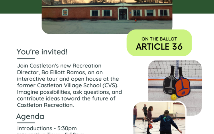 Flyer of event labeled "Castleton Recreation Open House" with pictures of the building and a person playing pickleball.
