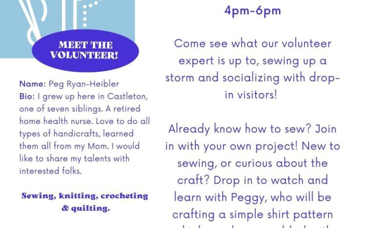 Flyer announcing sewing social happening on Thrusdays in April for free.