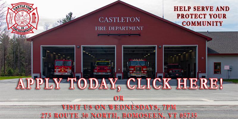 Castleton Fire Department Station with patch and text overlay "Apply today, click here" "Help serve and protect your community"